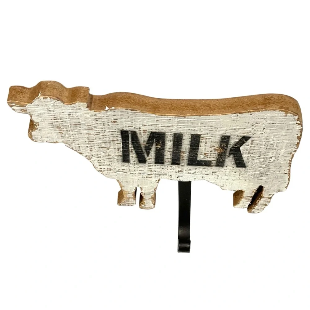 Rustic Wooden Cow Wall Hook “MILK” Farmhouse Kitchen Decor Coat Towel Hook 7.5”